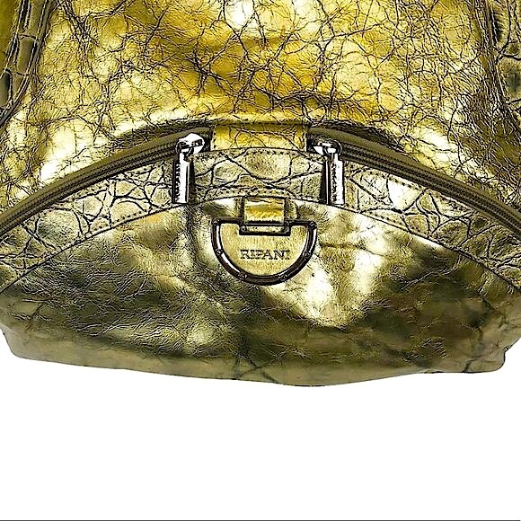 RIPANI Metallic Soft Gold Reptile Embossed Italian Patent Leather Zipper Tote - Picture 3 of 11